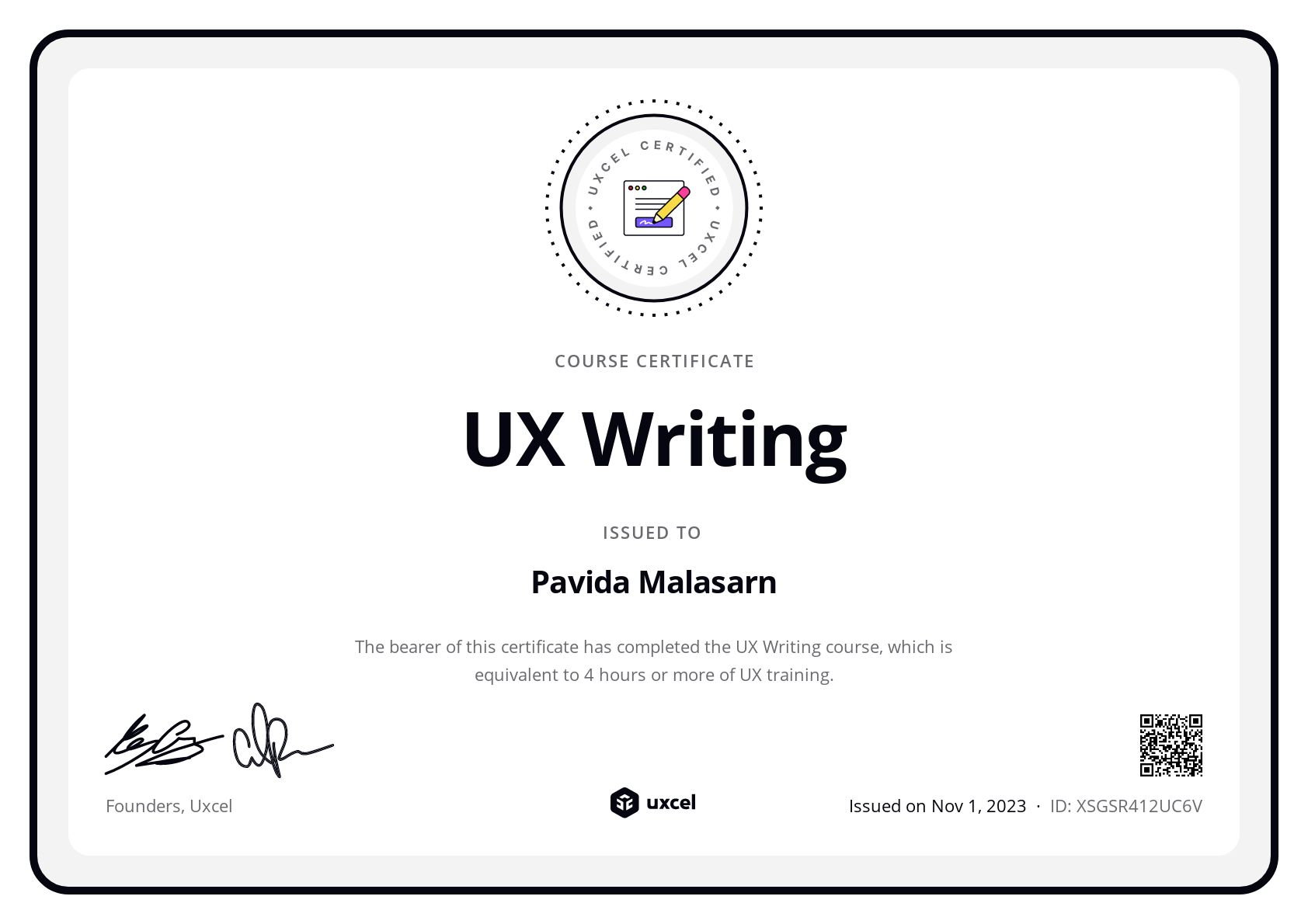 Pavida Malasarn's certificate